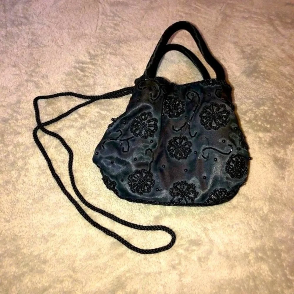 Vintage SASHA Black Satin Handmade Beaded Evening Bag with Crossbody Strap